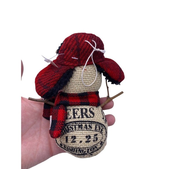 Fur Trapper Hat Snowman Stuffed Plush Christmas Ornament Country French Script - Picture 4 of 8